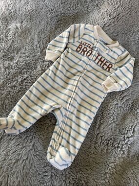 🌈 Carter's Child Of Mine Cream Blue Striped "Little Brother" Footie Sleeper